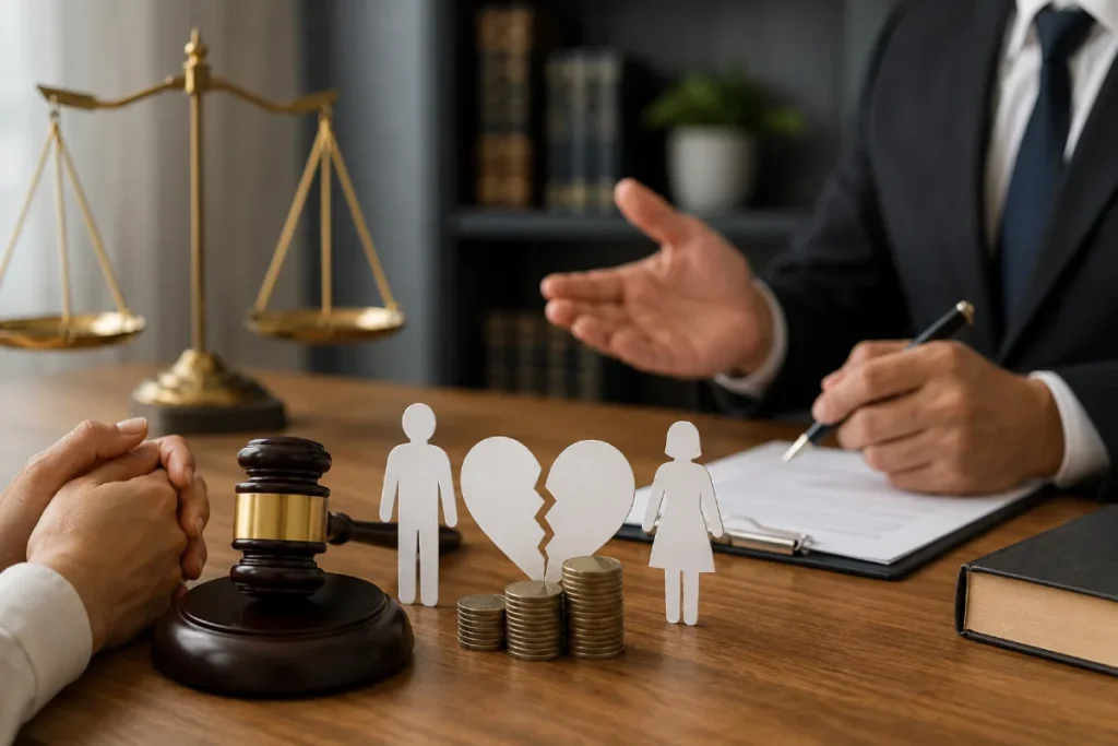 NJ alimony enforcement: a lawyer, gavel, and a broken family metaphor.