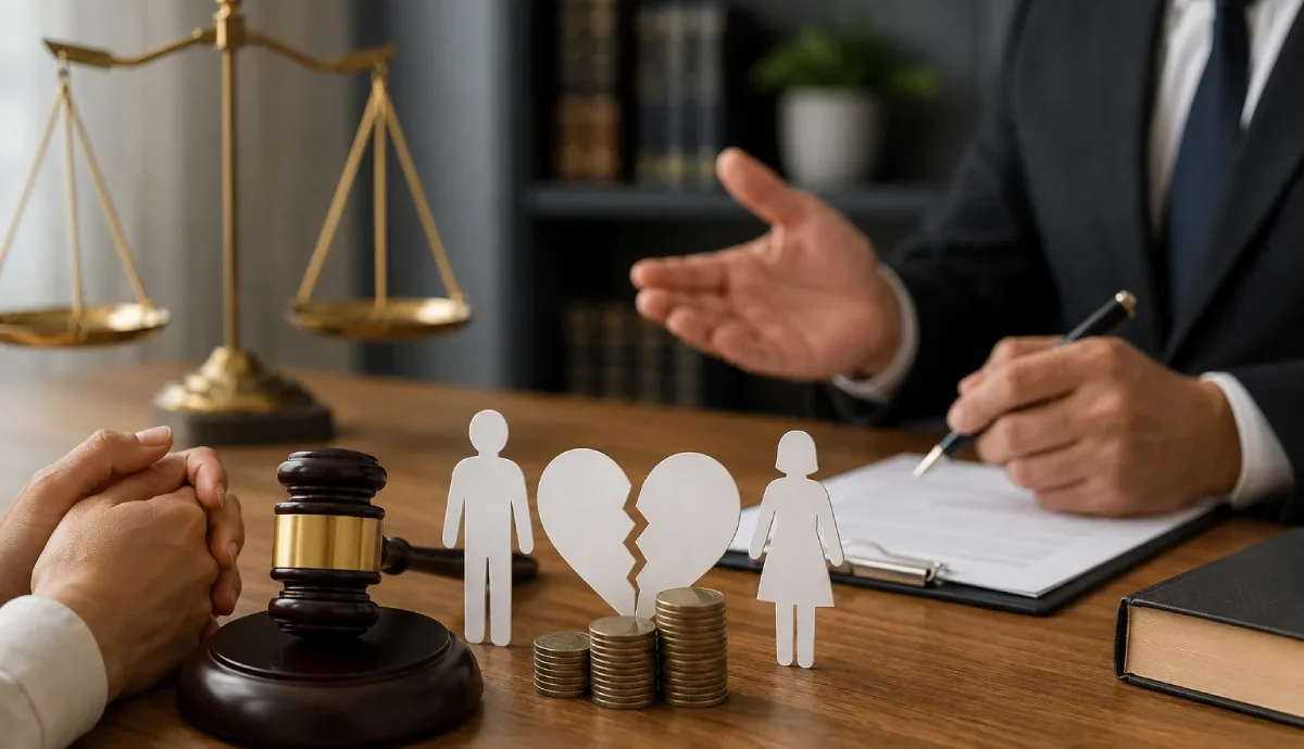 NJ alimony enforcement: a lawyer, gavel, and a broken family metaphor.
