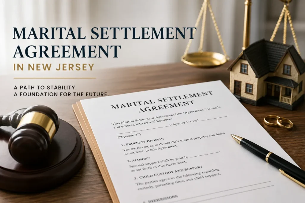 New Jersey marital settlement agreement: gavel, rings, and model house.