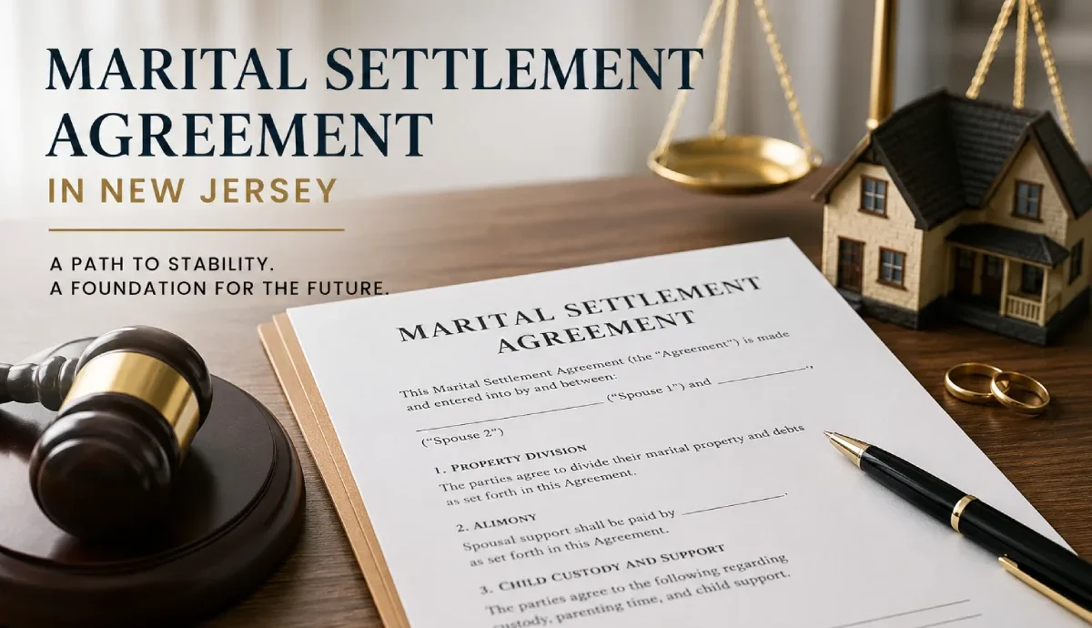 New Jersey marital settlement agreement: gavel, rings, and model house.