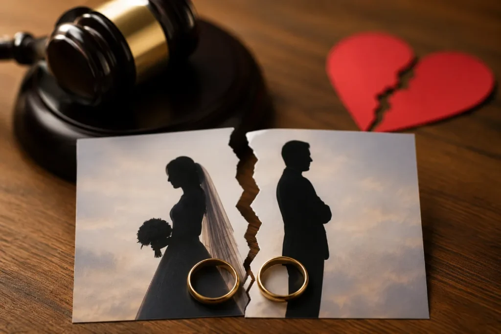 NJ annulment: a gavel, torn wedding photo, and separated rings.
