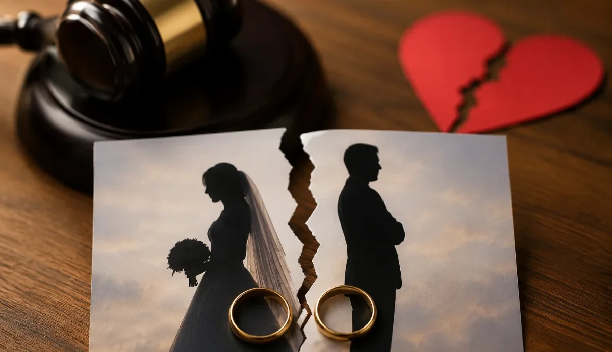 NJ annulment: a gavel, torn wedding photo, and separated rings.