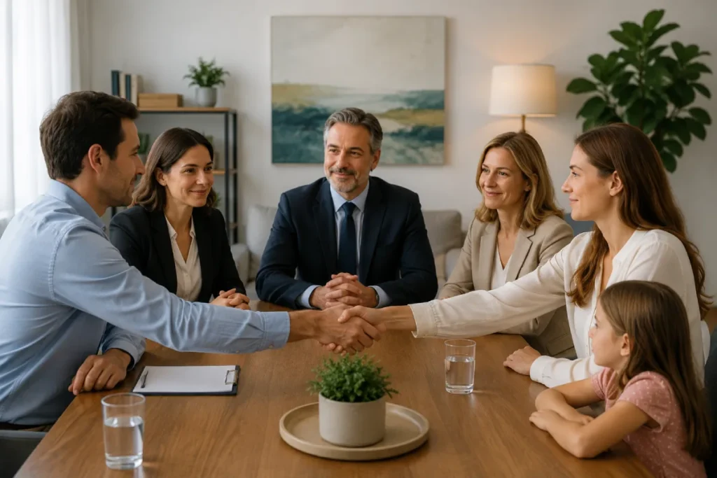 New Jersey collaborative divorce: two spouses shaking hands across a table, flanked by their respective attorneys and a child.
