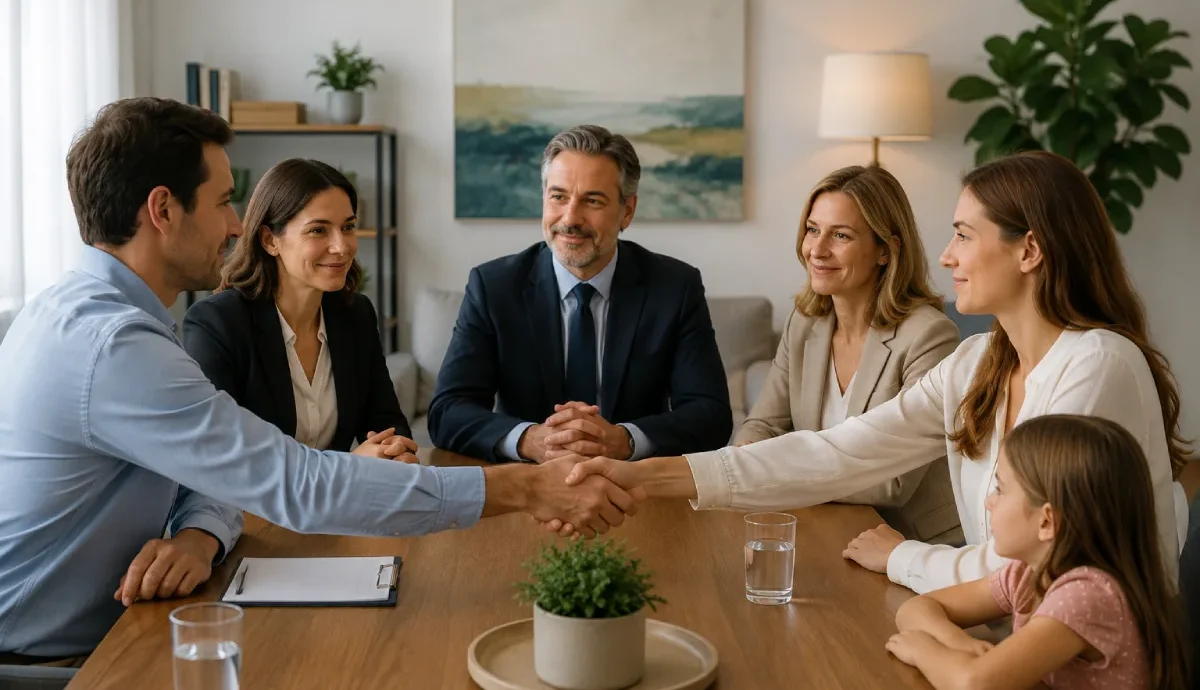 New Jersey collaborative divorce: two spouses shaking hands across a table, flanked by their respective attorneys and a child.