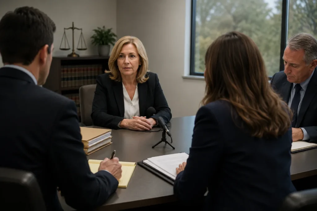 New Jersey divorce deposition: a woman giving sworn testimony at a conference table surrounded by lawyers, legal files, and a microphone.