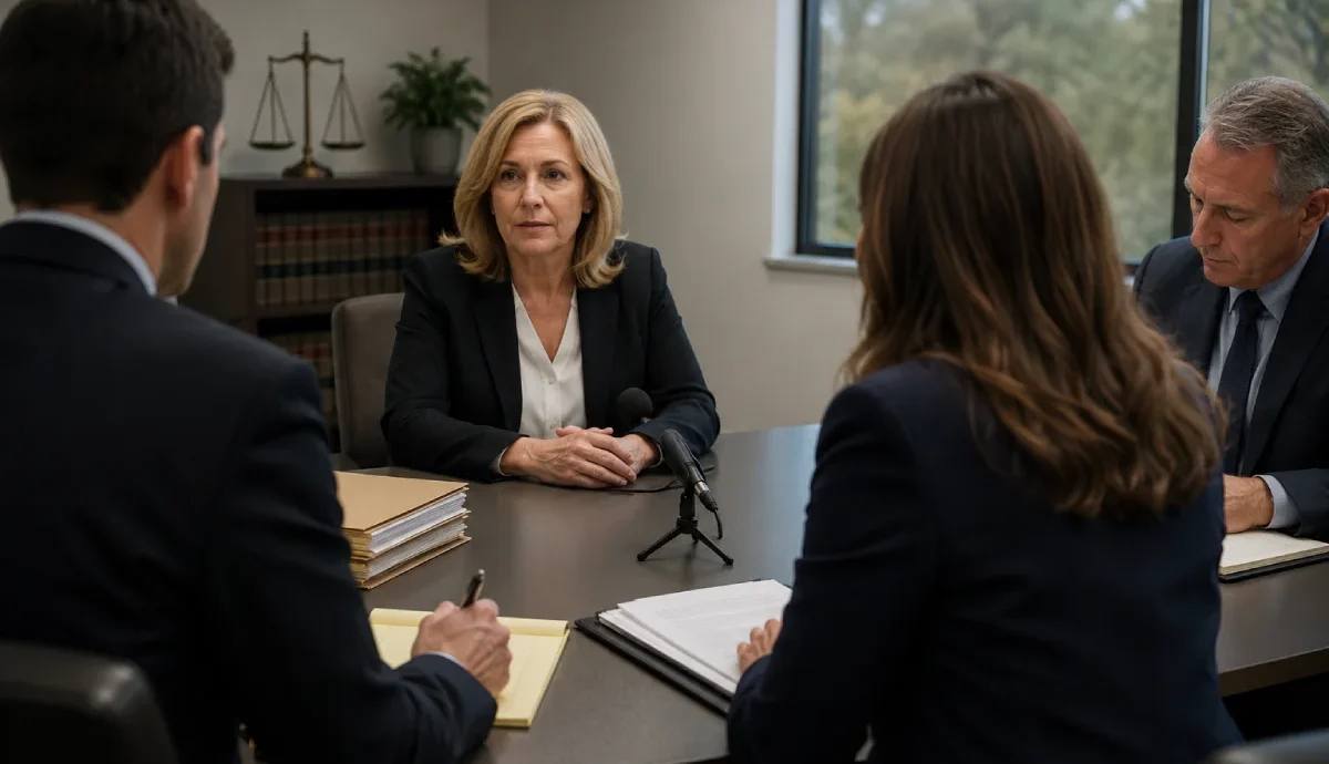 New Jersey divorce deposition: a woman giving sworn testimony at a conference table surrounded by lawyers, legal files, and a microphone.