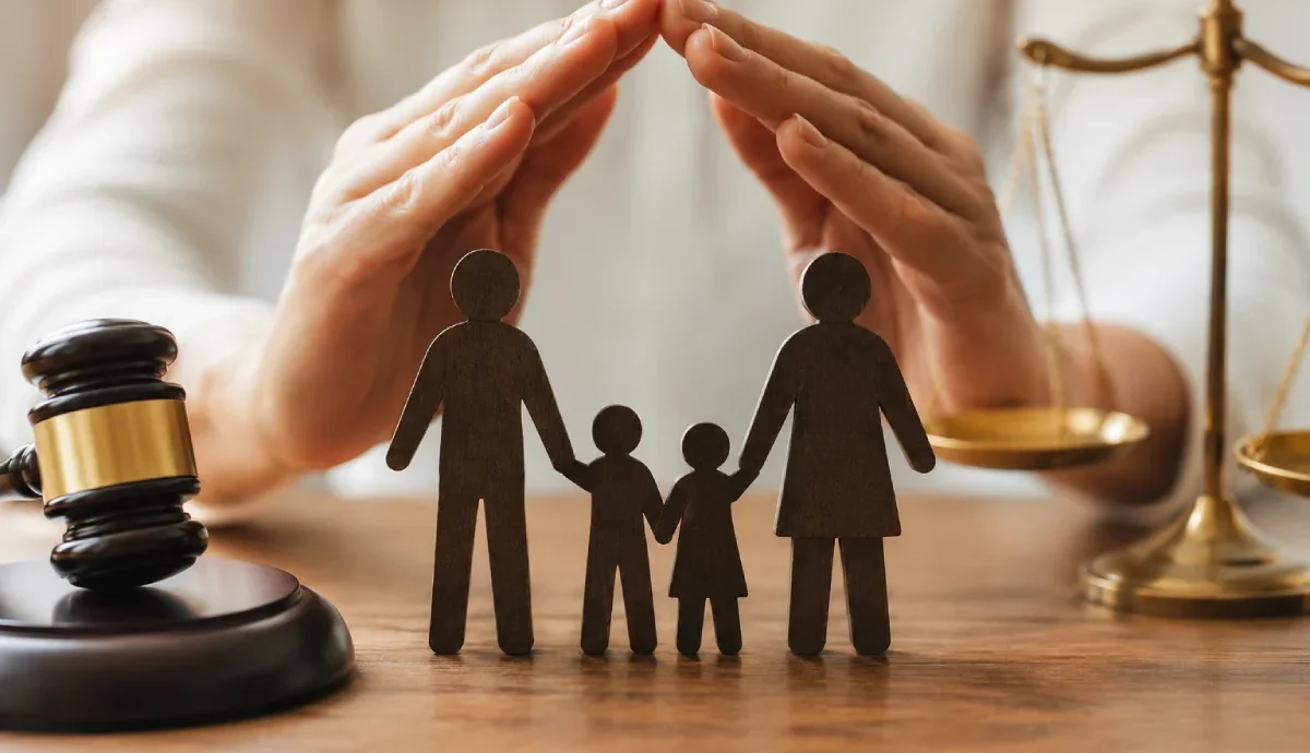 New Jersey parental rights: hands forming a protective roof over wooden family figures on a desk with a judge's gavel and scales of justice.